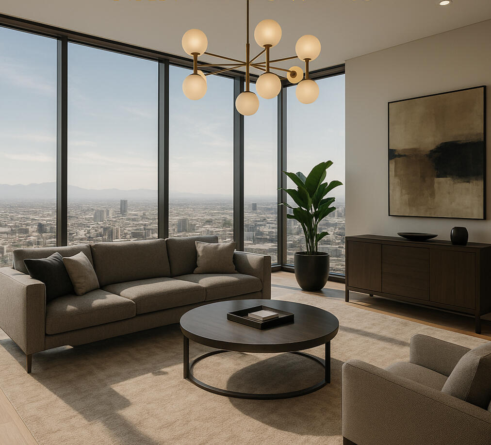 A luxurious penthouse suite inside Nanda Towers featuring floor-to-ceiling windows with sweeping panoramic city views. The interior showcases modern high-end furnishings, marble floors, ambient lighting, and sophisticated decor — the epitome of elevated li